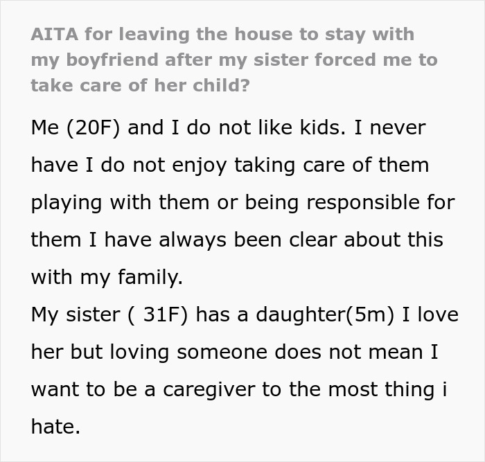 Young woman expresses dislike for children and refusal to be a free nanny for family. Young woman expresses dislike for children and refusal to be a free nanny for family.