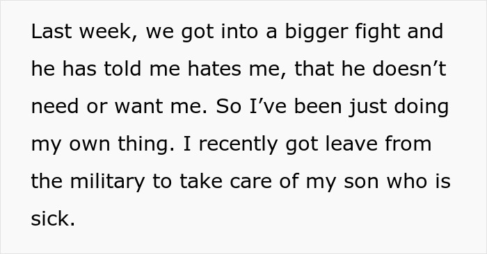 Text excerpt about a working wife taking leave to care for her sick son after conflict with man-child hubby. Text excerpt about a working wife taking leave to care for her sick son after conflict with man-child hubby.