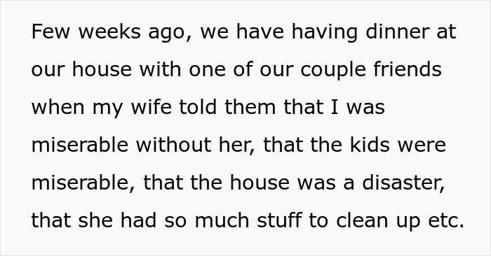 Screenshot of text describing a dinner story where husband embarrasses wife by not going along with her lie Screenshot of text describing a dinner story where husband embarrasses wife by not going along with her lie