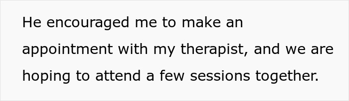 Text on screen showing a message about making an appointment with a therapist and attending sessions together. Text on screen showing a message about making an appointment with a therapist and attending sessions together.