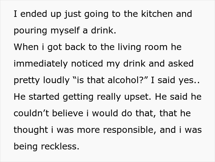 Woman pours a drink while her fianc&eacute; wrongly assumes she is pregnant, revealing his true colors and causing shock.