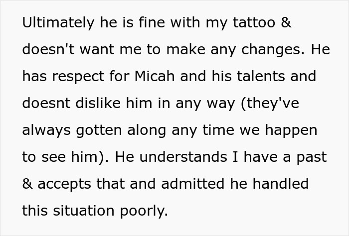 Text excerpt discussing a guy’s reaction to fiancée’s tattoo designed by ex and postponing wedding over jealousy. Text excerpt discussing a guy’s reaction to fiancée’s tattoo designed by ex and postponing wedding over jealousy.