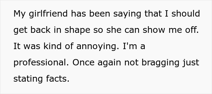 Text message about a girlfriend demanding her swimmer boyfriend get back in shape to show off, expressing annoyance. Text message about a girlfriend demanding her swimmer boyfriend get back in shape to show off, expressing annoyance.