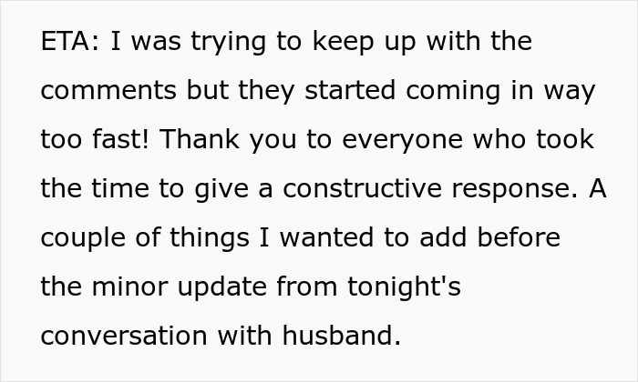 Text message discussing a woman who never wears a bra at home and a conversation with her husband about it.