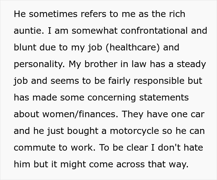 Text excerpt showing a woman worried about her sister who became a tradwife and starts a secret fund for her. Text excerpt showing a woman worried about her sister who became a tradwife and starts a secret fund for her.