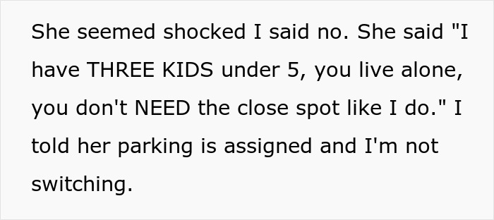 Text conversation showing a new neighbor arguing about a parking place, refusing to switch assigned spots. Text conversation showing a new neighbor arguing about a parking place, refusing to switch assigned spots.