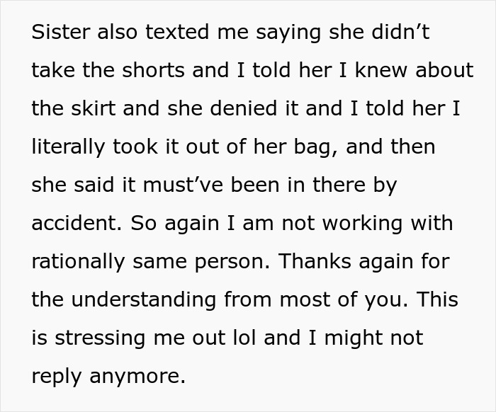 Text message conversation about a woman stealing a 5-year-old niece&rsquo;s skirt and denying it when caught.