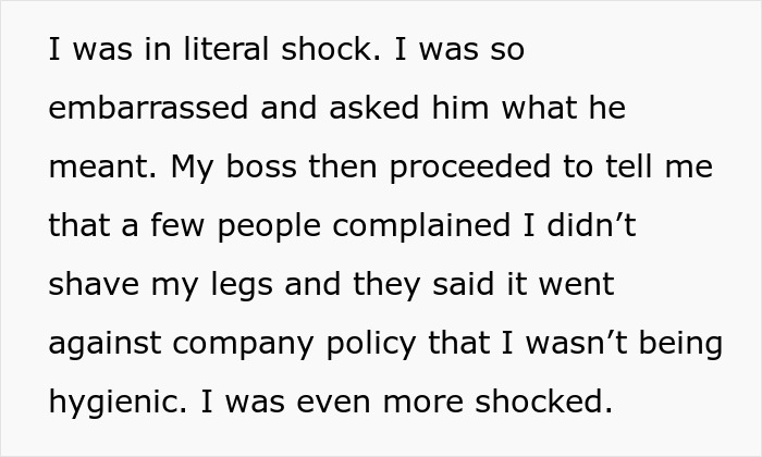 Employee reacting in shock after being told refusing shaving legs at work violates company hygiene policy. Employee reacting in shock after being told refusing shaving legs at work violates company hygiene policy.