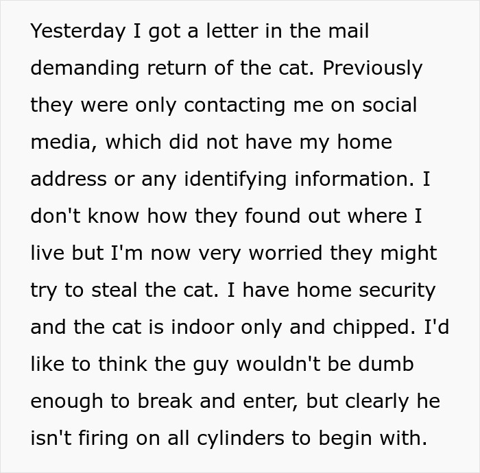 Alt text: Letter demanding return of lost cat raised as family royalty, with owner concerned about cat’s safety and home security.