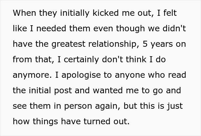 Text excerpt discussing family forgiveness and complicated tone related to beating incident five years ago.