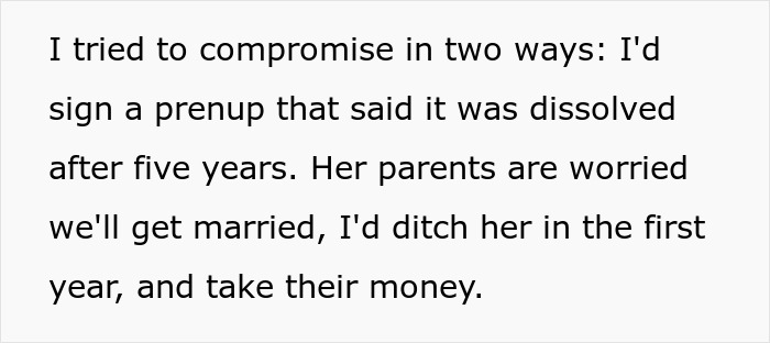 Text excerpt explaining a guy's attempt to compromise prenup terms amid concerns over engagement cancellation.