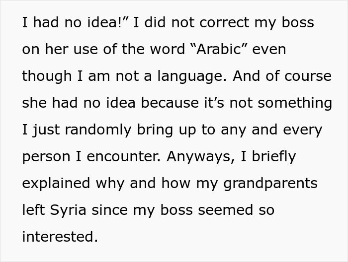 Text excerpt discussing an employee clarifying ethnic background after boss&rsquo;s mistaken use of the word Arabic.
