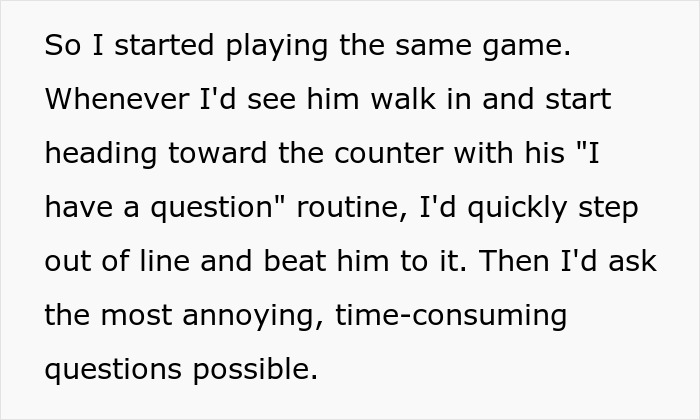 Alt text: Man playing the same game to skip coffee line, beating another patron with time-consuming questions.
