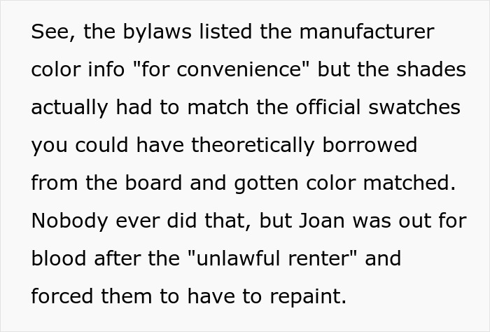 Text excerpt showing HOA bylaws and a dispute involving an HOA president and repainting issues with a couple. Text excerpt showing HOA bylaws and a dispute involving an HOA president and repainting issues with a couple.