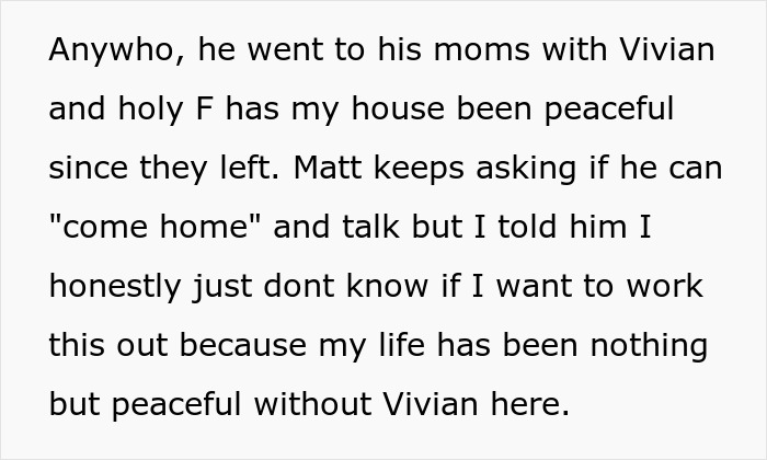 Text from a woman explaining she does not want her fiancé and stepdaughter to come back as her life is peaceful without them. Text from a woman explaining she does not want her fiancé and stepdaughter to come back as her life is peaceful without them.