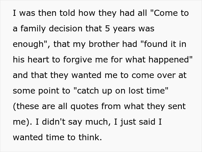 Text excerpt about a family deciding to forgive a man for beating his brother five years ago.