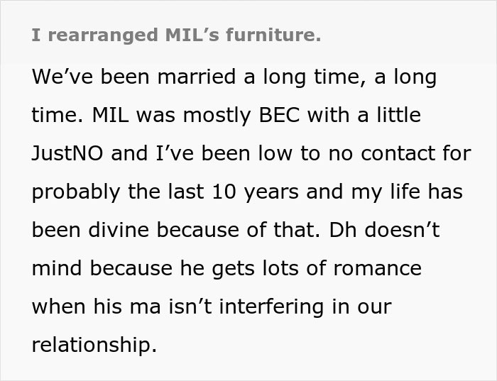 Text excerpt discussing MIL and DIL relationship with mention of rearranged MIL&rsquo;s furniture and long-term low contact.
