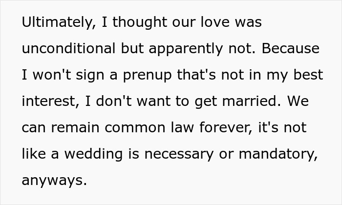 Text image showing a person refusing to sign a prenup not in their best interest and rejecting marriage plans.