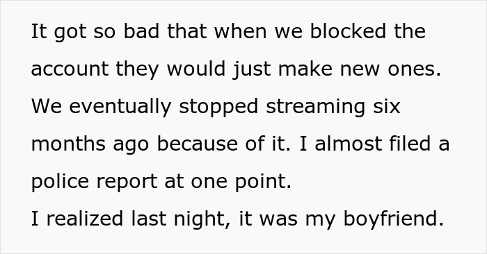 Text about a woman discovering her boyfriend is an internet troll and she was one of his victims.