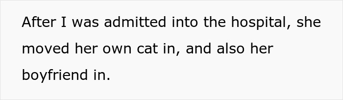Text excerpt about woman letting friend stay during surgery recovery and resulting messy house and car situation.