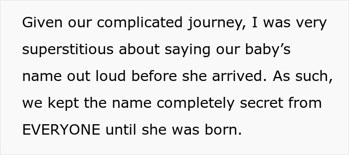Text about superstition and secrecy around the baby name due to a complicated journey, related to mil refuse baby name.