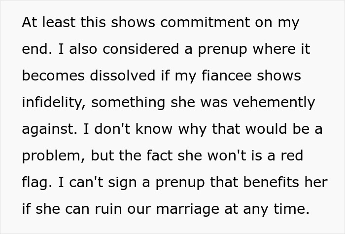 Man explains prenup dispute as wealthy girlfriend refuses infidelity clause, leading him to cancel their engagement.