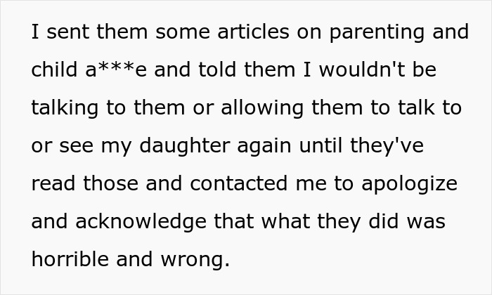 Text excerpt showing a parent's message about banning grandparents from seeing their 3-year-old after they spanked her. Text excerpt showing a parent's message about banning grandparents from seeing their 3-year-old after they spanked her.