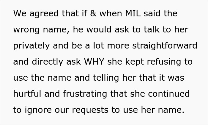 Text discussing MIL refusing to use the baby name, addressing frustration and requests privately and directly.