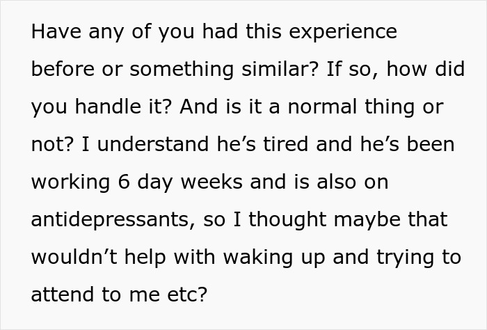 Text discussing experiences with partner sleep issues, tiredness, antidepressants, and concerns about waking to attend to partner. Text discussing experiences with partner sleep issues, tiredness, antidepressants, and concerns about waking to attend to partner.