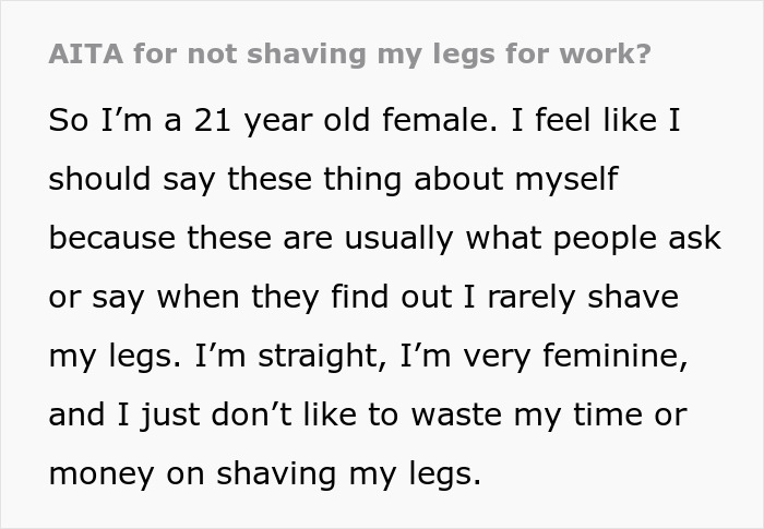 Text post from a 21-year-old woman explaining her decision not to shave legs amid workplace hygiene concerns.