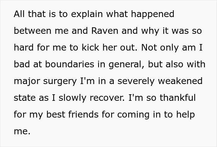 Text excerpt explaining difficulty setting boundaries and recovering from major surgery while thanking friends for support during recovery.