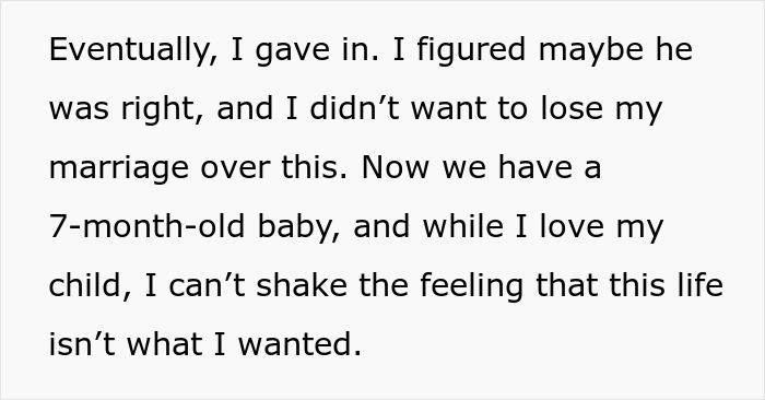 Text excerpt about a mom who regrets becoming a parent, feels stuck and resents husband