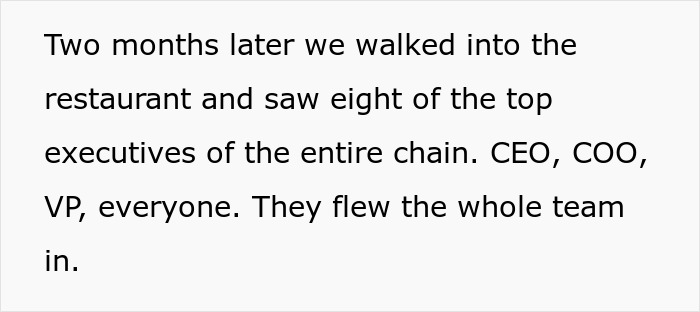 Text excerpt describing restaurant executives flown in after a man's snarky letter leads to a humorous pitch and patent.