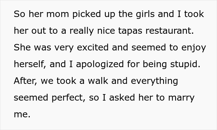 Text excerpt from a chef girlfriend and boyfriend not going restaurants story, discussing a tapas date and proposal.