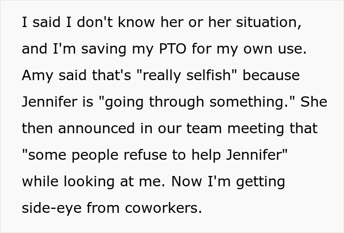 Text about an employee refusing to donate PTO despite coworkers shaming him, with tension in the workplace.