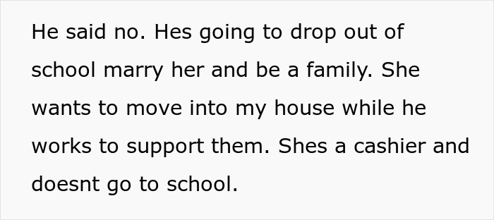 Text describing a son’s decision to drop out of school, marry his girlfriend, and their living situation with support from work.