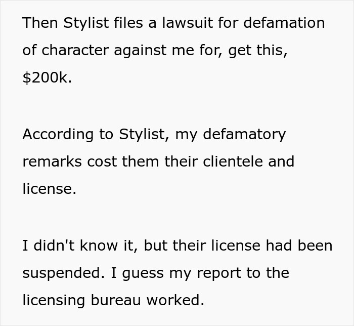 Text excerpt discussing a woman&rsquo;s story involving her hair stylist and a defamation lawsuit after finding a weird shrine.