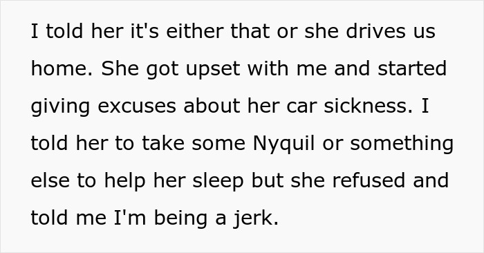 Text excerpt showing a husband confronting wife's anxiety meltdown, leading to a ban from the front seat for safety. Text excerpt showing a husband confronting wife's anxiety meltdown, leading to a ban from the front seat for safety.