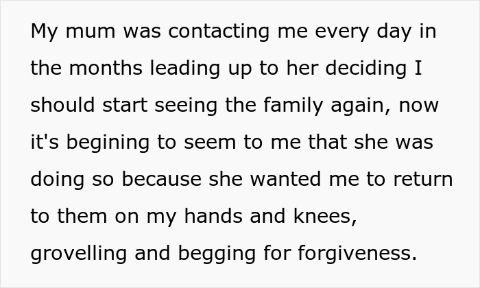 Text excerpt discussing family deciding to forgive man for beating his brother years ago, tension in tone.