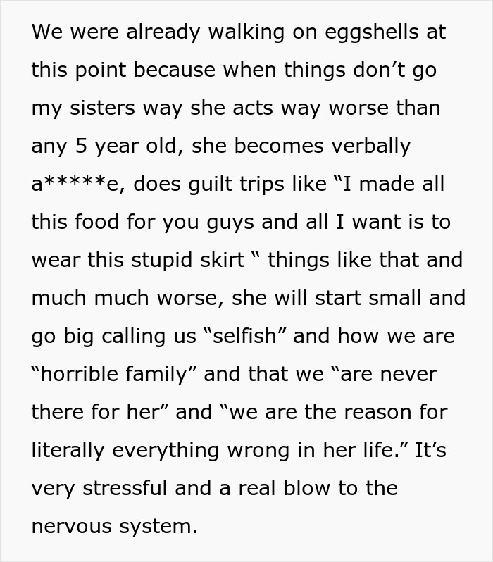 Text describing a stressful family conflict involving a woman stealing her 5-year-old niece’s skirt and lying when caught. Text describing a stressful family conflict involving a woman stealing her 5-year-old niece’s skirt and lying when caught.