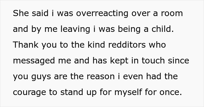 Text message expressing gratitude to redditors for support in standing up for oneself amid family conflict. Text message expressing gratitude to redditors for support in standing up for oneself amid family conflict.