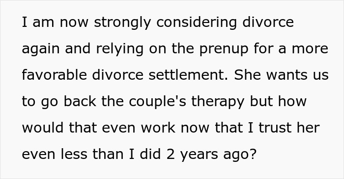 Text about considering divorce after discovering wife’s cheating, showing emotional struggle and broken trust over 2 years.