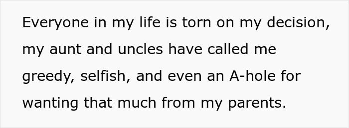 Text reading family calls me greedy for asking big amount parents house payment Text reading family calls me greedy for asking big amount parents house payment