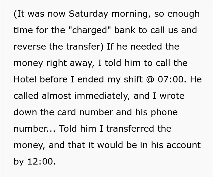 Text excerpt from a hotel receptionist explaining a suspected scam and the $2k laundering attempt details. Text excerpt from a hotel receptionist explaining a suspected scam and the $2k laundering attempt details.