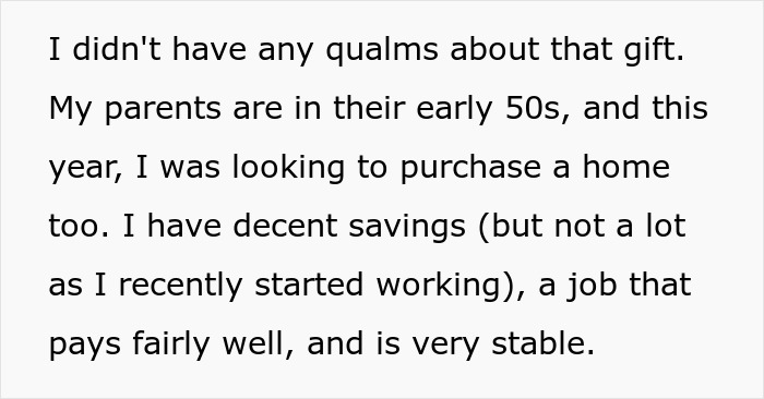 Close-up of paragraph about asking big amount parents house payment as a gift while saving for first home.