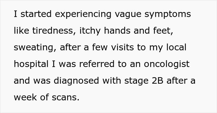 Text describing vague symptoms and stage 2B cancer diagnosis, husband cancer diagnosis excuses