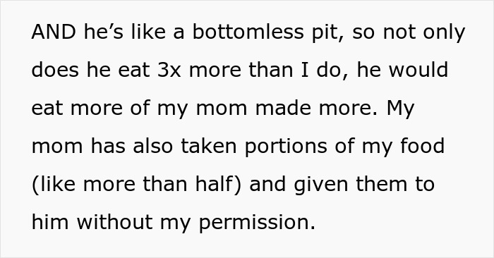 Text describing mom, boyfriend, and food drama about eating habits and sharing portions without permission. Text describing mom, boyfriend, and food drama about eating habits and sharing portions without permission.