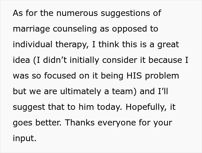 Text about marriage counseling and therapy as alternative to paternity test demand in a family conflict discussion.