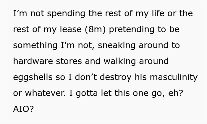 Text excerpt about woman ready to dump boyfriend as he feels emasculated when she fixes things, affecting his masculinity. Text excerpt about woman ready to dump boyfriend as he feels emasculated when she fixes things, affecting his masculinity.