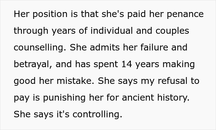 Text about wife’s cosmetic upgrade and infidelity causing husband to spiral amid her demands for more.